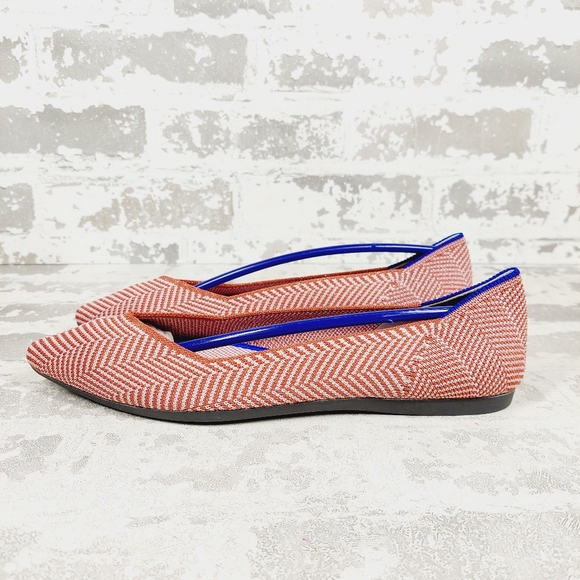 New Rothy's The Flat Red/White Knit Pointy Toe Slip On Stripe Loafers D597